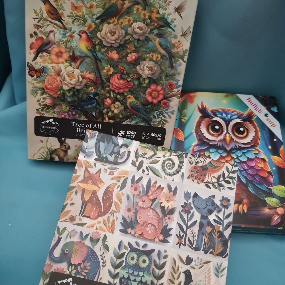 Lot Of 3 Jigsaw Puzzles 1000 Pieces Art Owl Birds Flowers Animals